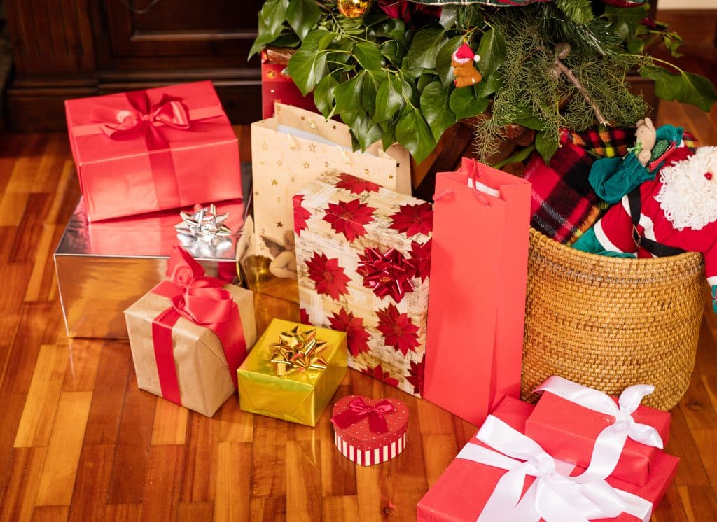 Christmas scene. tree, gifts and adorns